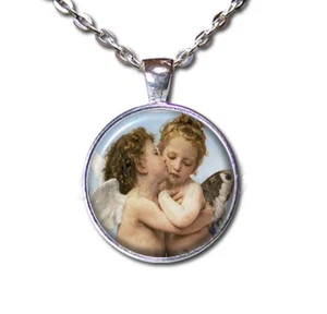 Kissing Winged Angel Vintage Art - Handmade Round Glass Pendant Necklace Jewlery - Picture 1 of 10