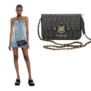 Bebe Womens crossbosy Bag Logo black gray Gold charm kira shoulder bag strap new - Picture 1 of 17
