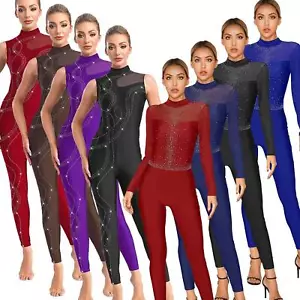 Women Gymnastics Shiny Rhinestone Leotard Unitard Figure Ice Skating Jumpsuit - Picture 1 of 92