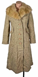 70s VTG Tweed Trench Pea Coat Shearling Lamb Collar Jacket S/M UNION NWT NEW - Picture 1 of 11