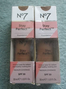 2 X No7 STAY PERFECT FOUNDATION 24HR MEDIUM COVERAGE SPF30 MOCHA 30ML NEW - Picture 1 of 2