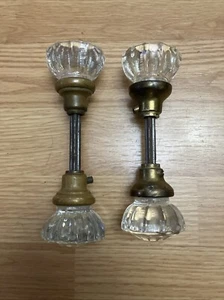 Vintage Antique Crystal Glass Door Knob Set Of 2Brass & Metal Hardware 12 Point - Picture 1 of 7