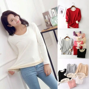 T-shirt Blouse Pullover Striped Fleece Warm Women Stretch Winter Thick Tops - Picture 1 of 19