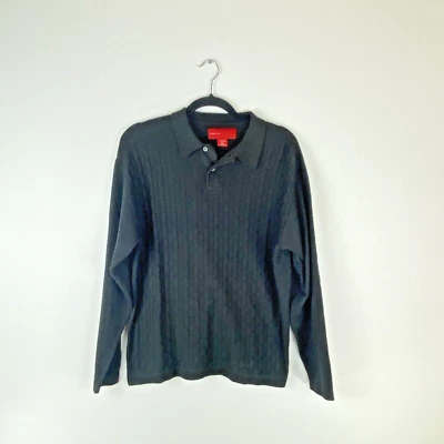 Винтажный FUBU 1990 мужской L 16-18 черный поло коллекции мягкий свитер 2 кнопки с воротником - Изображение 1 из 4