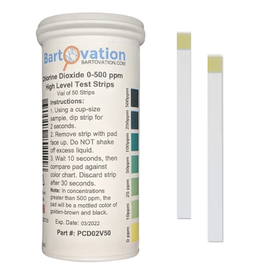 BARTOVATION Chlorine Dioxide Single Factor Test Strips, 0-500 ppm [Vial of 50 Strips]