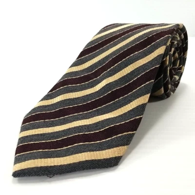 Canali Luxury Tie Gray Burgundy Beige Striped Woven Silk Wool Blend Necktie - Image 1 of 4