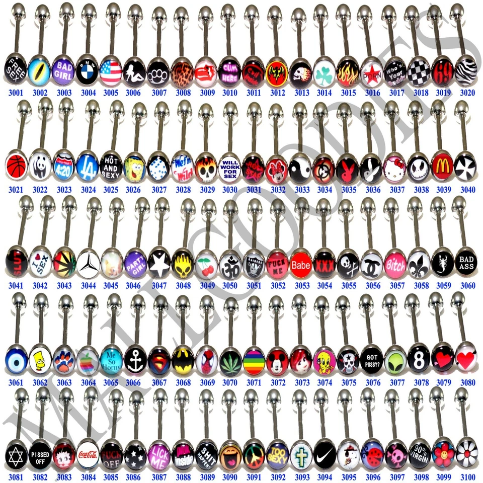 V100 Metal Tongue Rings Steel Barbells Funny Wording Logo YOU PICK QTY & DESIGNS - Image 1 of 1