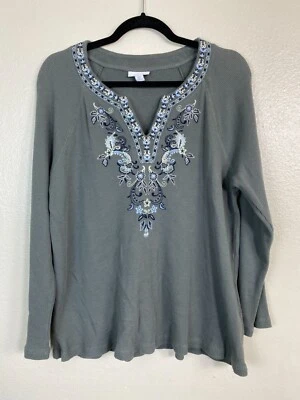 Top boho J.Jill para mujer verde salvia bordado manga larga tejido gofre talla grande Foto 1 de 4