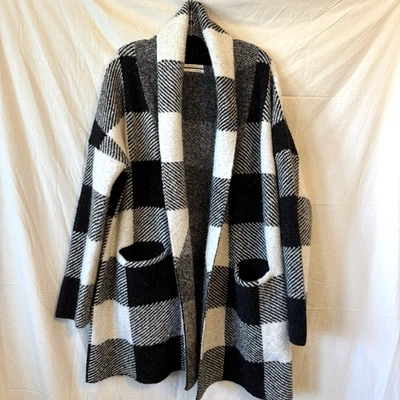 Womens Anthropologie Black White Large Plaid Long Sleeve Open Front Cardigan Jkt - Image 1 of 4