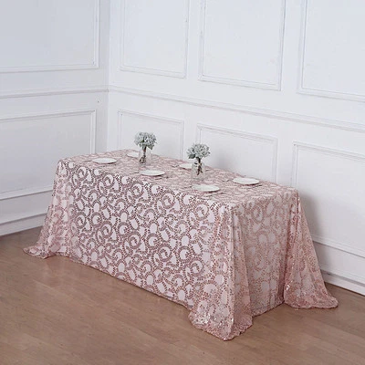 90x156" ROSE GOLD Sheer Tulle Rectangular TABLECLOTH Embroidered Sequins Party - Image 1 of 4