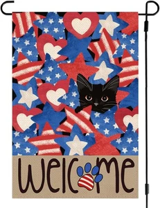 NEW Patriotic 4th of July Welcome Garden Flag 12x18 Stars and Stripes Black Cat - Picture 1 of 4