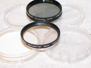 2 filters, 52mm POLARIZER & SKYLIGHT (1A) FILTERS W/CASES - Picture 1 of 2