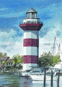 Harbour Town Lighthouse Portrait, Hilton Head, SC. Gerald Hill Watercolor Prints - Picture 1 of 1