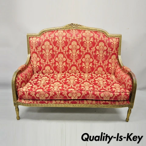 French Louis XVI Style Gold Red Upholstered Settee Sofa Loveseat Decorator Chair Cover