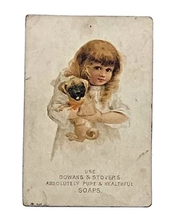 Victorian Trade Card Gowan's & Stover's Soap Girl Pug Choice Family Groceries MI - Picture 1 of 4