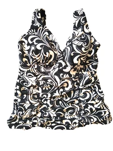 Longitude Tankini Black And White Ruched Women's size S EUC 2 strap built in bra - Picture 1 of 7