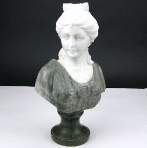 Heavy Vintage 12" Tricolor Carved Marble Bust of Classical Woman Lady