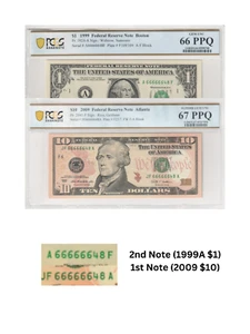 $1 and $10 Set of 2 Note MATCHING SERIAL NUMBERS 66666648 PCGS Graded 66/67 PPQ - Picture 1 of 3