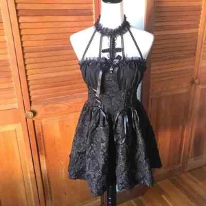 Gothic Lolita EGL Dark Fairycore Visual Kei Black Cross Lace Choker Mini Dress S - Picture 1 of 8