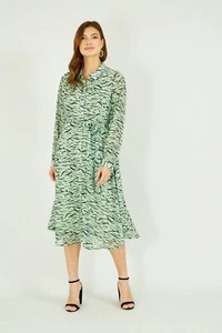 YUMI Green Zebra Print Midi Long Sleeve Shirt Dress Size 16 - Picture 1 of 3
