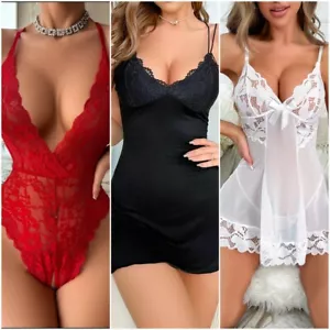 Women Sexy Lingerie Lace Babydoll Chemise V Neck Nightgown Teddy Dress Sleepwear - Picture 1 of 27