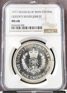 1977 ISLE OF MAN SILVER 1 CROWN QUEEN'S SILVER JUBILEE NGC MS 68 RARE HIGH GRADE - Picture 1 of 3