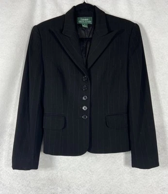 Chaqueta Blazer Vintage Lauren Ralph Lauren Para Mujer’s 6 Negro Lana A Rayas Foto 1 de 4