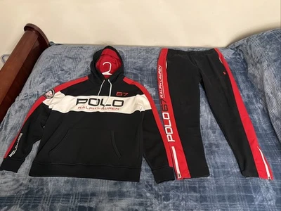 Polo Ralph Lauren Tracksuit Hoodie Pants Men's L Large Black Red Set Double Knit - Image 1 of 4