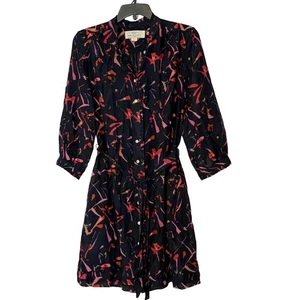 Trovata Paradis Vögel marineblau bedruckt Knopfleiste Taille zum Binden Hemdkleid - Small - Bild 1 von 5