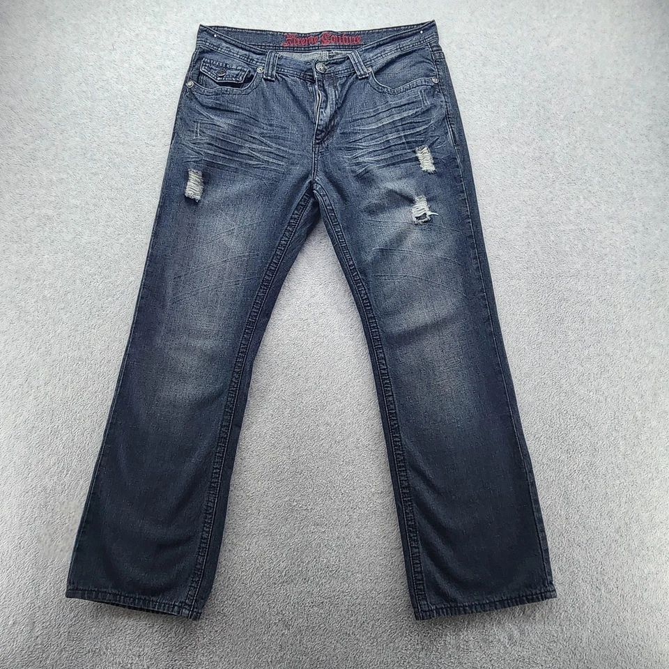 Xtreme Couture Jeans Mens 38x32 Blue Distressed Denim Straight Leg Embroidered - Image 1 of 4