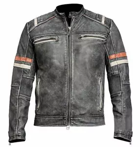 Men's Vintage Cafe Racer Motorcycle Distressed Leather Biker Jacket - Picture 1 of 6
