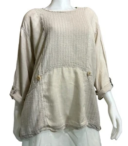 Vintage FLAX by Jeanne Engelhart Picnic Shirt Medium Seersucker Linen Tunic Top - Picture 1 of 6