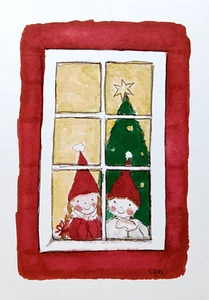 Postal Arte Escandinavia Finlandia Árbol de Navidad Niños Ventana Invierno Vacaciones - Imagen 1 de 1