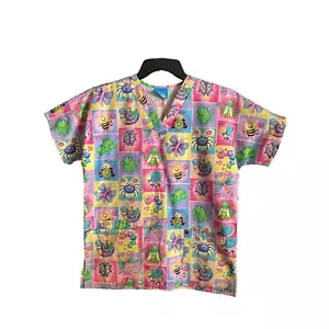 Scrub HQ Scrub Top Size XS Bug Pattern Pockets Medical Dental Butterfly Frog Bee - Picture 1 of 6