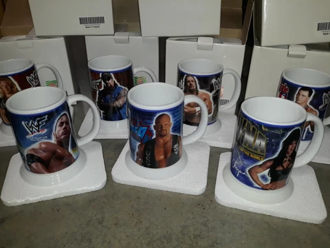 Set of 8 WWF Danbury Mint 2001 Mug Stein Austin Rock Chyna Jericho Angle NEW NIB Cover