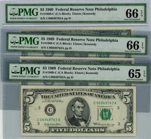 Fr. 1969-C $5 1969 3 Consec. Federal Reserve Note 65-66 EPQ PMG dc-2543 - Picture 1 of 2