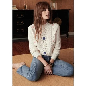 Suéter Sezane Zacharie Jersey 100% Lana Crema Bordado Floral Talla Mediana - Imagen 1 de 7
