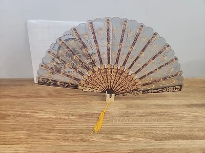 Ventilador Plegable de Mano Art Deco Plástico Tradicional Pintado Negro y Dorado Foto 1 de 4