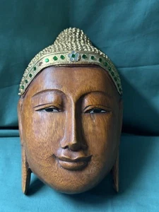 Tibetian Wood Buddha Head With Ornate Decoration On Head 8”1/4 high X 5”1/4 wide - Picture 1 of 4