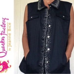 Quacker Factory Blue Rhinestone Accent Casual Sleeveless Jacket Vest Top 1X - Picture 1 of 9