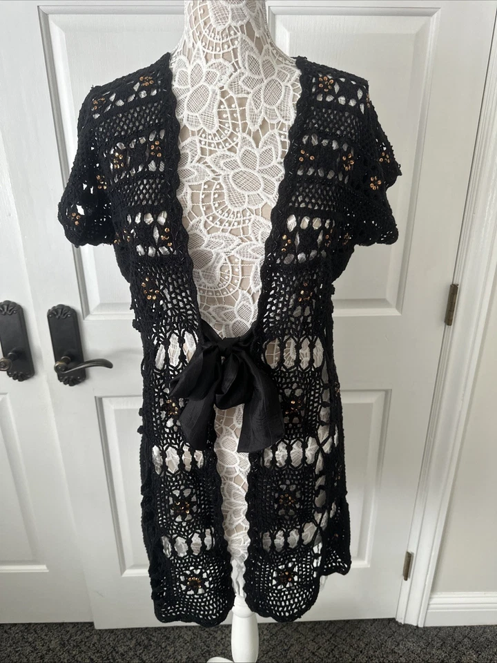 Suéter negro de ganchillo delantero manga gorra de algodón BOSTON APROPIADO talla L Foto 1 de 4