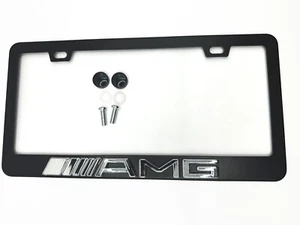 BLACK License Plate Frame Logo Stainless Steel for Mercedes AMG with Chrome Logo - Picture 1 of 3