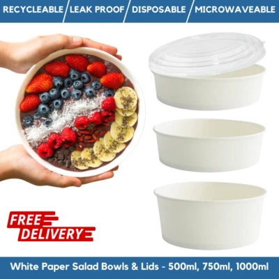 Disposable Round White Paper Bowls Salad & Lids | Deli Takeaway Food Containers - Image 1 of 2