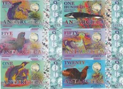 Antarctica Set 6 1 5 10 20 50 100 Dollars 2020 polymer Polar Skua Seal Fantasy - Image 1 of 2