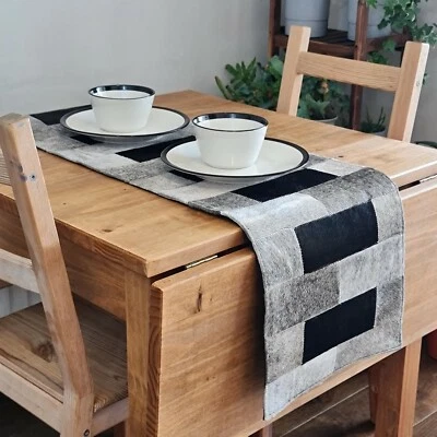 Cowhide table runner / Genuine Leather table runner / Black & Grey  - Image 1 of 4