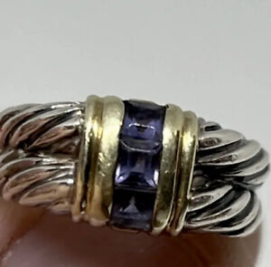 David Yurman sapphire/14k-925 Sterling/cable ring 6.5 Pre❤️VG condition/pouch