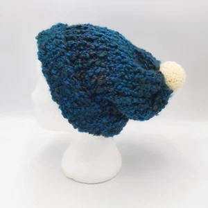 Handmade Loom Knit Chunky Beanie Slouch Hat Toque Cream Pompom M-L Teal Blue - Picture 1 of 19