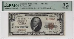 Waseca, MN $10 1929 Ty. 1 PMG 25 Only 16 known Charter 9253 3 digit Serial - Picture 1 of 2
