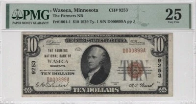 Waseca, MN $10 1929 Ty. 1 PMG 25 Only 16 known Charter 9253 3 digit Serial - Image 1 of 2