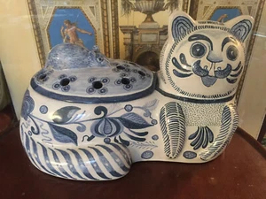 Centro de mesa vintage Mid-Century PORTUGUÉS mayólica gato floral de dos piezas FIRMADO - Imagen 1 de 12